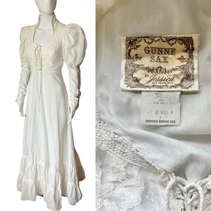 Gunne Sax Cream Lace Gown with Puff Sleeves
